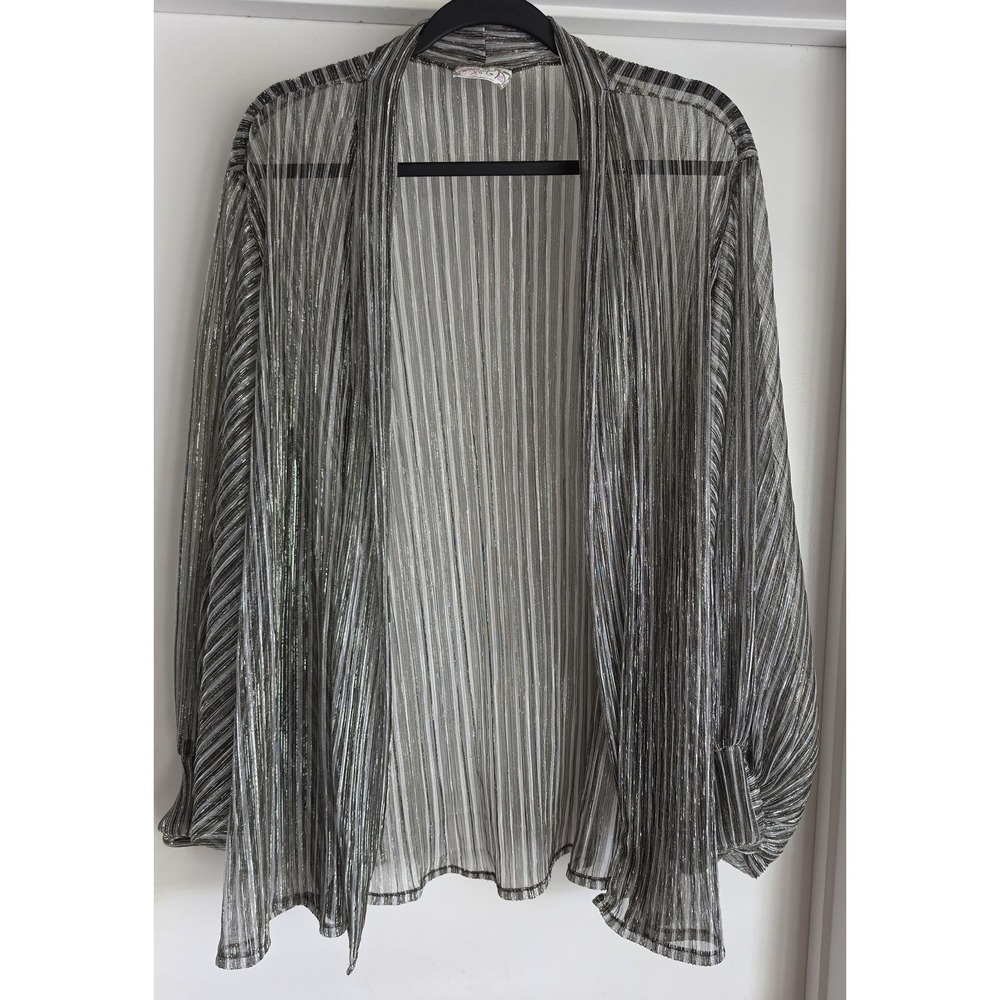Free People Cardigan Silver Striped Long Sleeve Boho Wrap Kimono Shrug Vintage